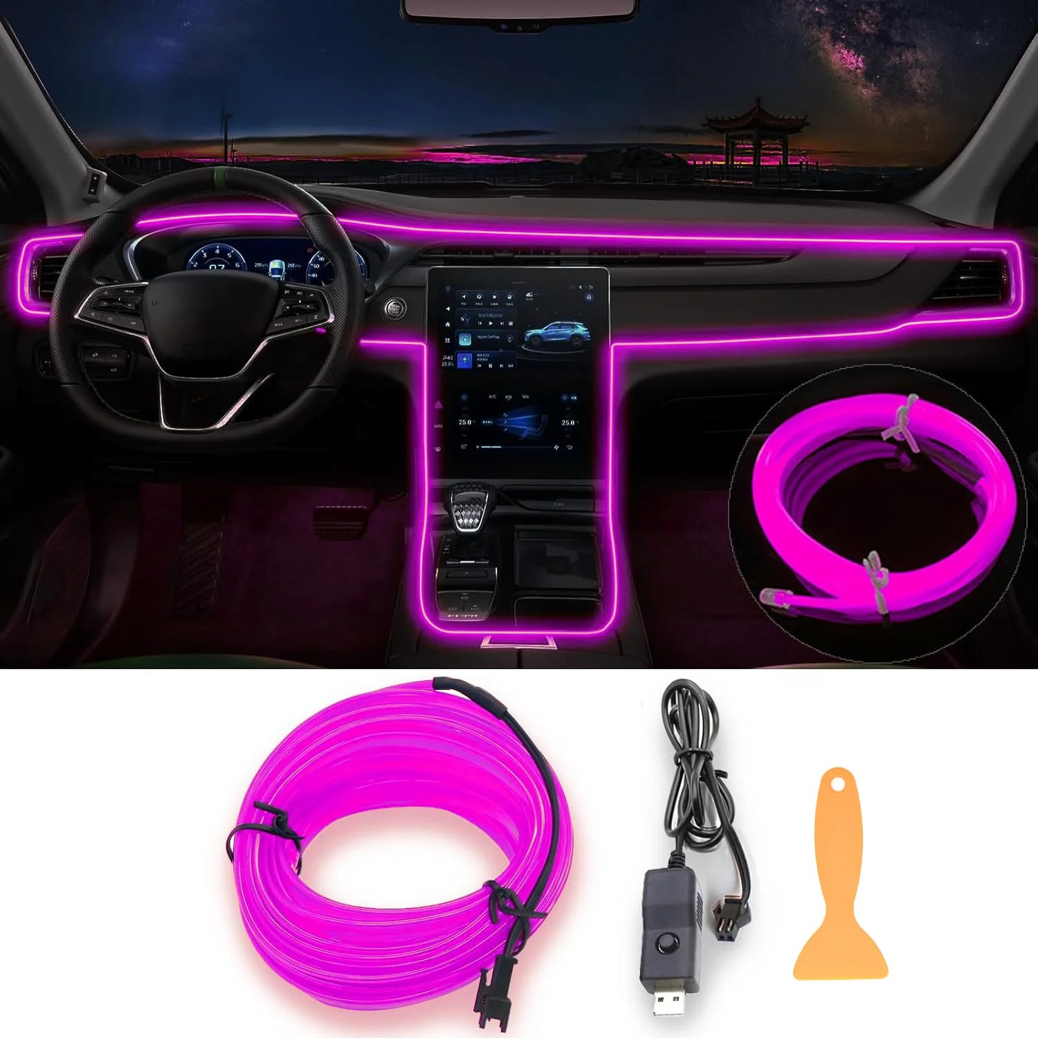 New Interior Car LED Strip Lights, 196.85Inch USB Neon Ambient Lighting Kits with Switch for Car inside Decorations No Noise