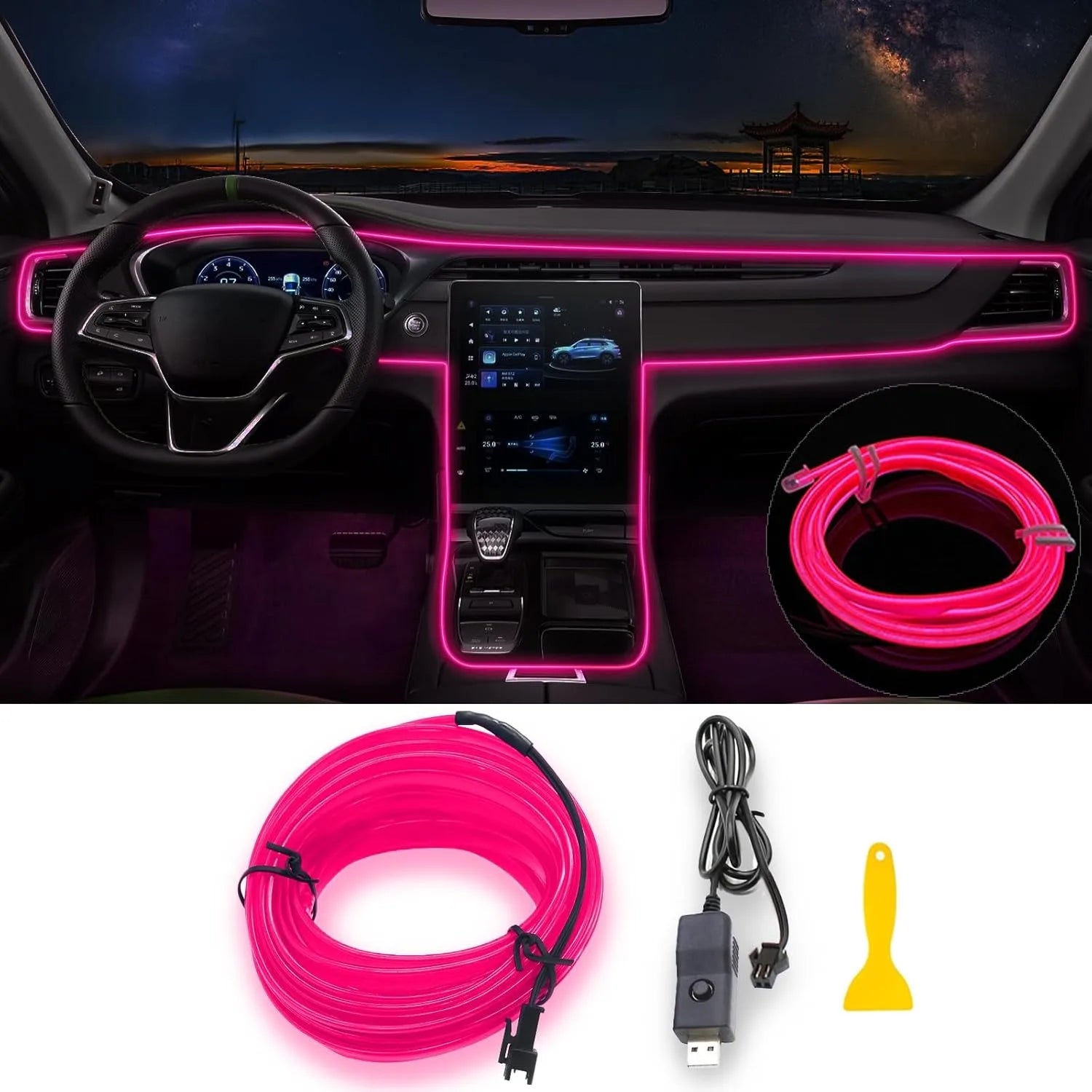 New Interior Car LED Strip Lights, 196.85Inch USB Neon Ambient Lighting Kits with Switch for Car inside Decorations No Noise
