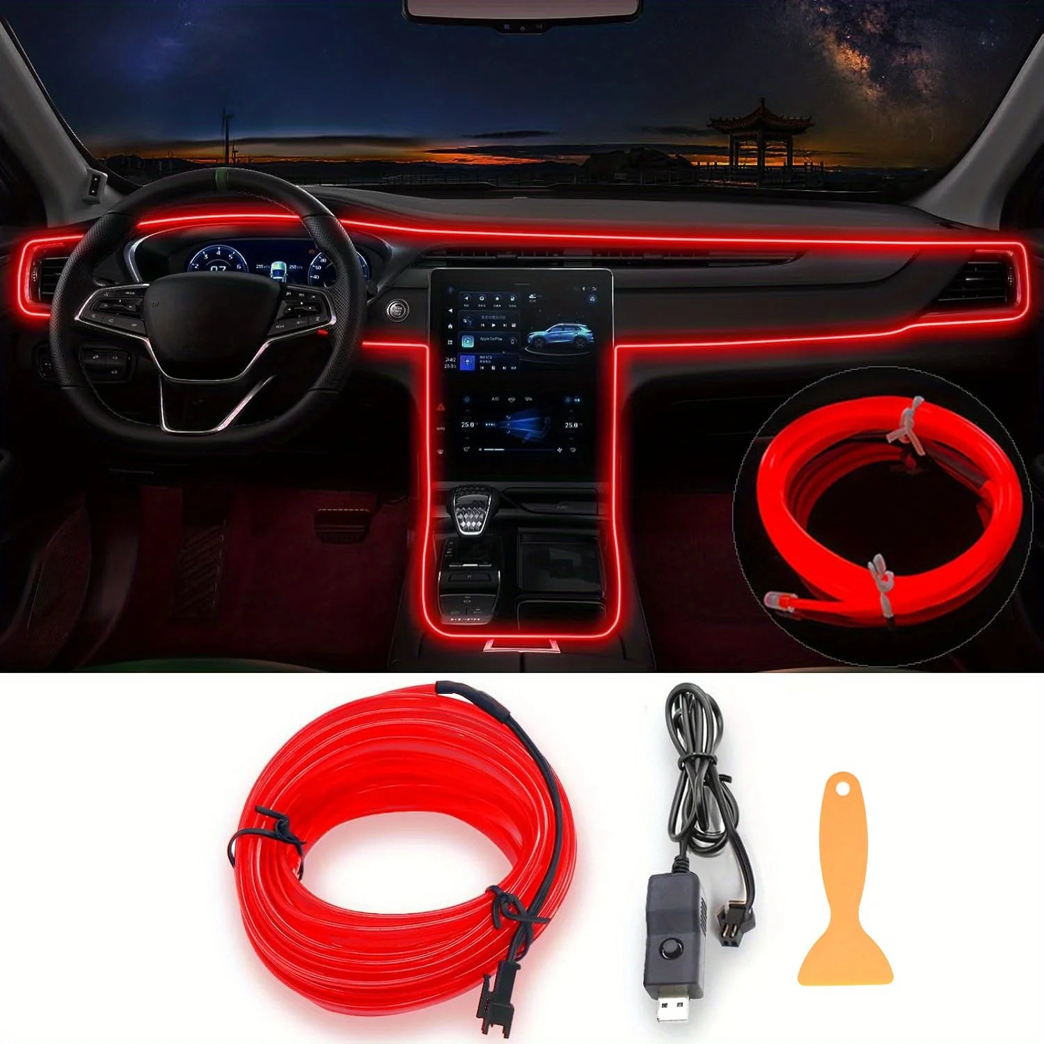 New Interior Car LED Strip Lights, 196.85Inch USB Neon Ambient Lighting Kits with Switch for Car inside Decorations No Noise